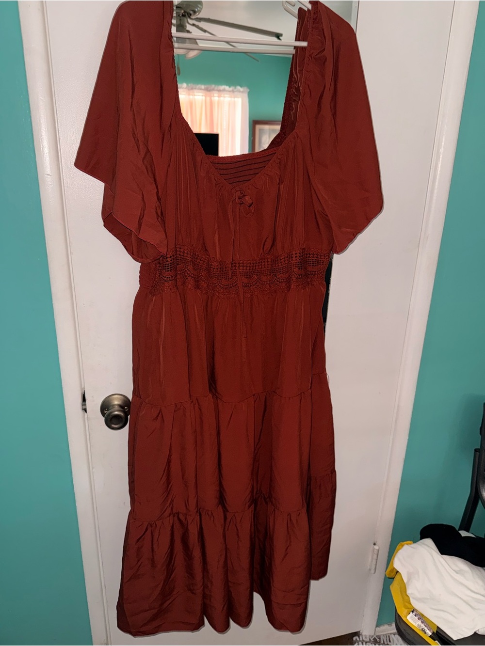SHEIN Rust Red Tiered Maxi Dress with Flutter Sleeves